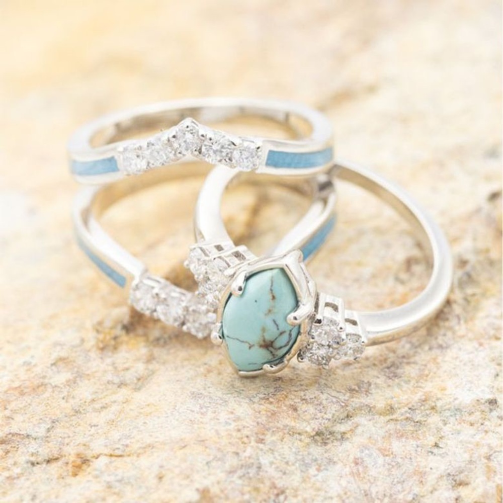Zircon silver Faux Turquoise Boho White western nordic ring 3 piece set stackabt - Picture 2 of 5